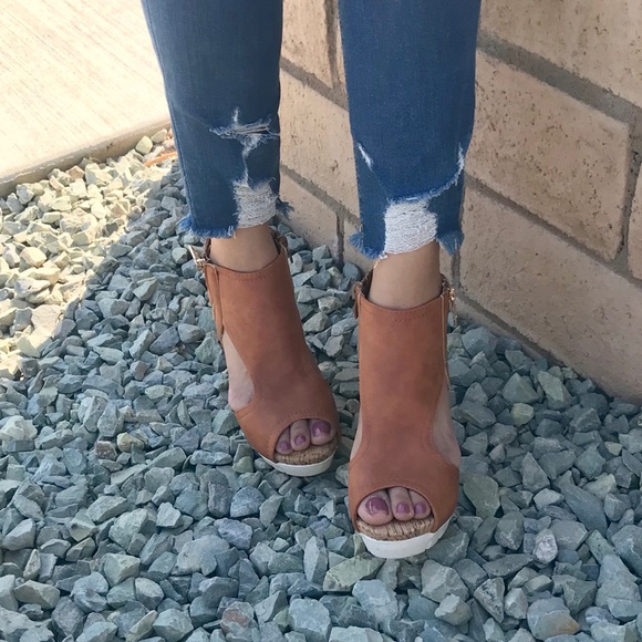 Shoes | Cognac Vegan Leather Peep Toe Cutout Cork Heels | Poshmark